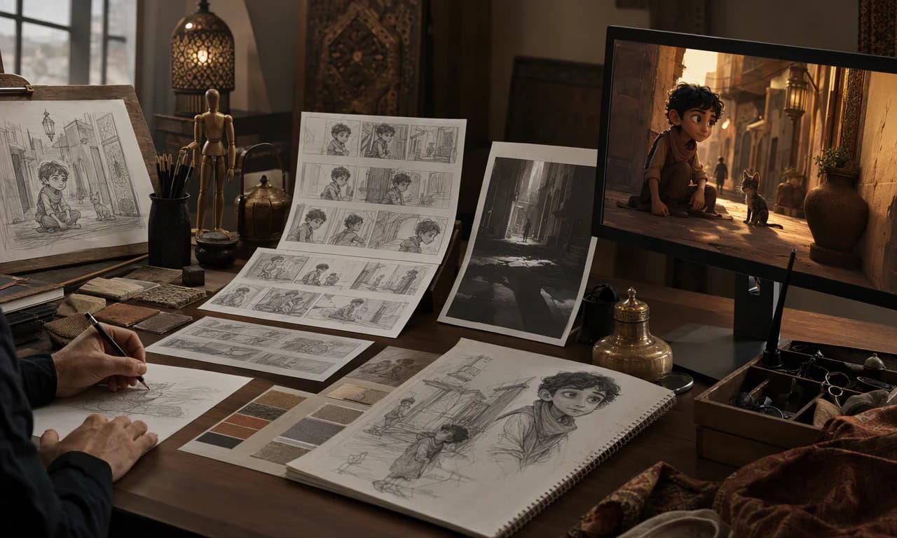 Creative project progressing from early concepts and revisions to a finished scene